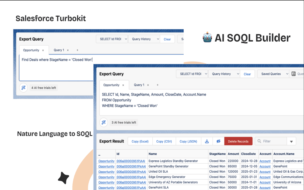 AI SOQL Builder Interface showing natural language to SOQL conversion