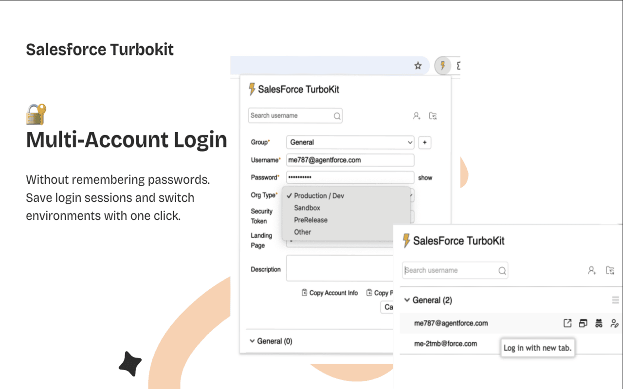 Multi-Account Login Manager showing multiple Salesforce org connections